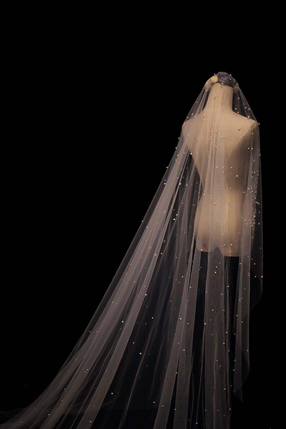 One-tier Cut Edge Tulle Chapel Veils with Pearls CV0348 - COCOMELODY